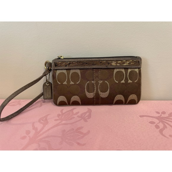 Coach Brown Signature Canvas Wristlet Gold Beaded Trim Small Purse - Picture 1 of 3